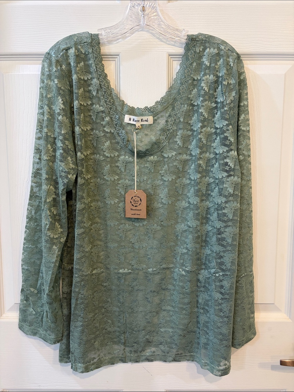 A Rare Bird Vintage Sheer Lace Sage Green Long-Sleeve Top NEW FALL WINTER